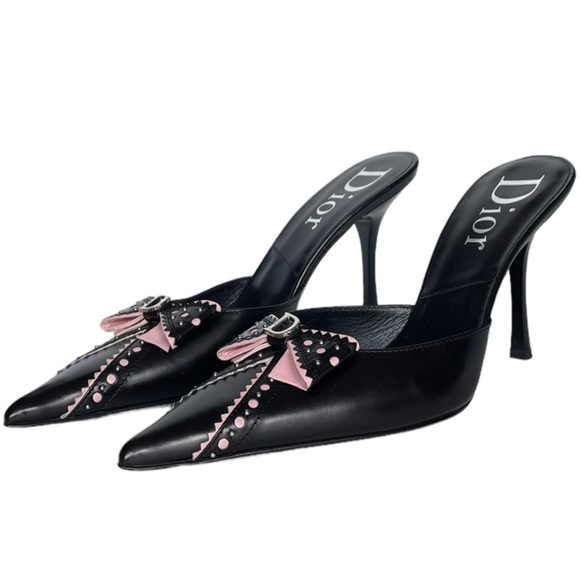 Dior Shoes - DIOR Black Pink Bow Kitten Heels Mules